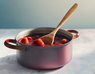 A pot of simmering strawberries transforming into jam, with a wooden spoon stirring the mixture, capturing the homely essence of homemade preserves