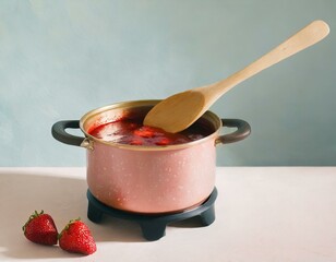 A pot of simmering strawberries transforming into jam, with a wooden spoon stirring the mixture, capturing the homely essence of homemade preserves