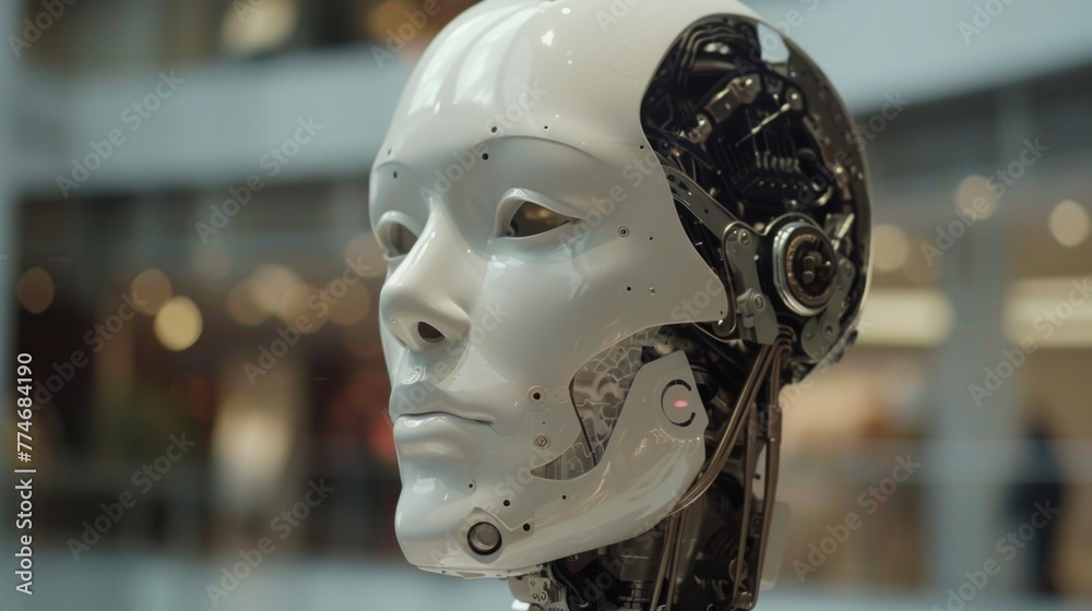 Poster white and black robot head displayed in building