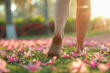 Barefoot walk amidst a blossom-strewn path, capturing a serene and grounding moment in nature. Close up female crossed legs walking on the grass.