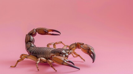 Scorpion on a pink background. Dangerous insect. Sting with poison. - obrazy, fototapety, plakaty