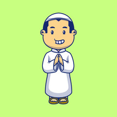 Cute Moslem Boy Greeting Hand Cartoon Vector Icons Illustration. Flat Cartoon Concept. Suitable for any creative project.