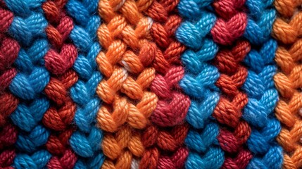 Fototapeta na wymiar A detailed close-up image of the buckle texture and color solutions of the complex knitted pattern on the sweater, showing saturated colors such as red, orange, blue