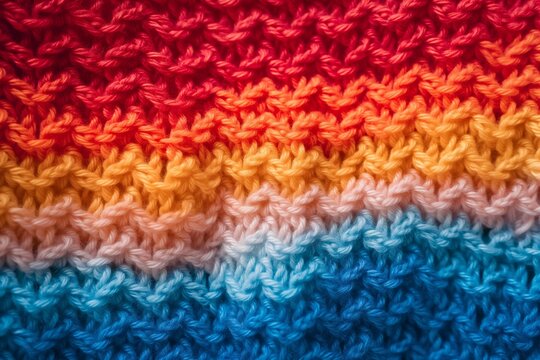 A detailed close-up image of the buckle texture and color solutions of the complex knitted pattern on the sweater, showing saturated colors such as red, orange, blue and yellow