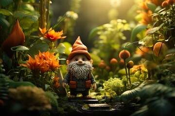 minimalistic design A cute and expressive garden gnome surrounded by vegetation - obrazy, fototapety, plakaty