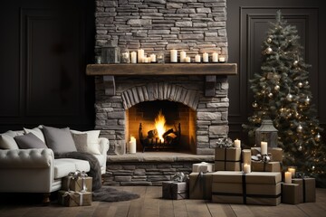 minimalistic design A fireplace with christmas decorations in a rustic and cozy living room