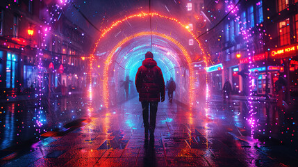 A man walk along light neon gate walk way , futuristic  concept 