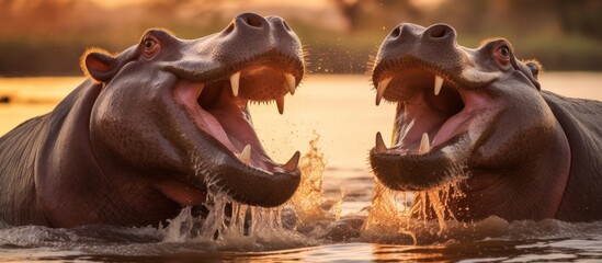 Two large hippos submerged in the water with their mouths agape, displaying their impressive jaw...