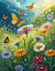 Obraz na płótnie Canvas Blume blühen auf Wiese mit viele Schmetterlingen im Frühling - alles grün und saftig - Sonnig mit ein paar Wolken 
