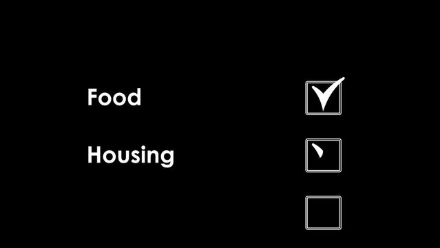 The list of vital needs moves up and check marks appear on a black background. Cg