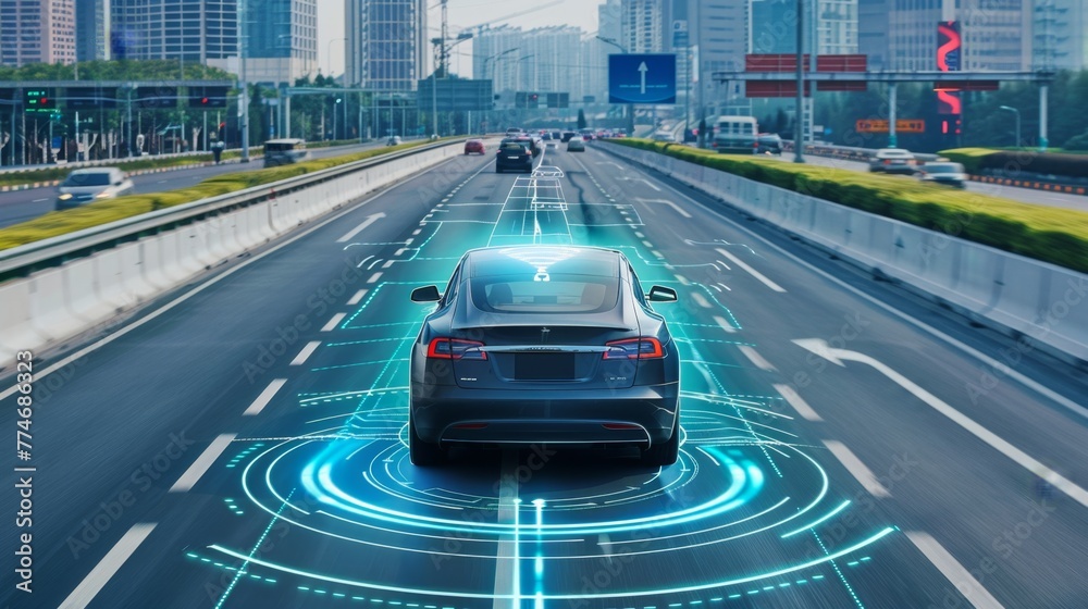 Poster autonomous car navigating busy city traffic during daytime