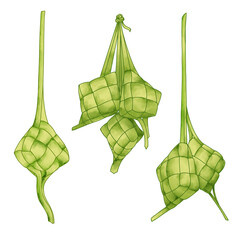 Watercolor illustration Hanging Ketupat in white background suitable for Eid Mubarak decoration illustration