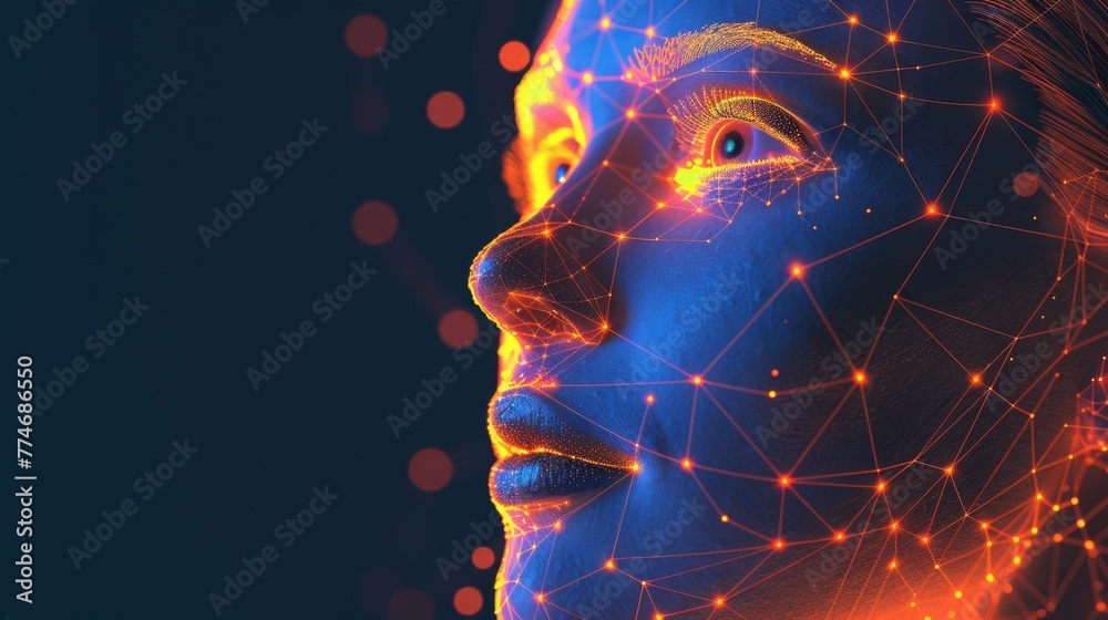 Poster womans face featuring intricate lines and dots