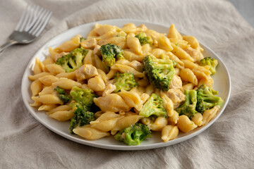 Homemade Cheesy Chicken And Broccoli Pasta on a Plate, side view.