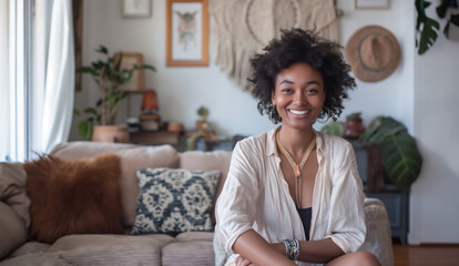 likeable and attractive young woman sits on the sofa in the living room and smiles into the camera - topic health and everyday life