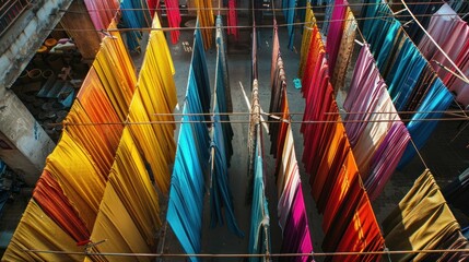 Colorful cloth hanging to dry on a clothesline in a textile factory. Bangladesh