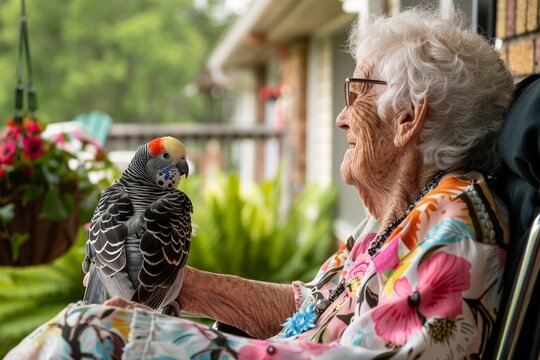 A senior and pet bird, companions in song, her wheelchair a nest of comfort and laughter