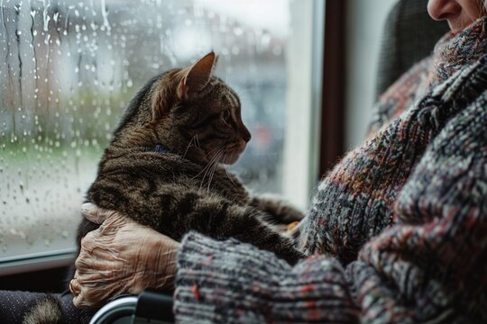 A seniors hand pets a cat in her lap, wheelchair resting by the window, a picture of peace