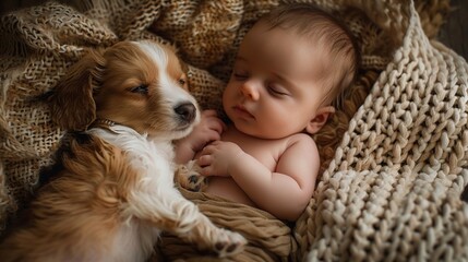 Asleep in a cozy corner, a baby and a puppy cuddle, innocence and friendship entwined - obrazy, fototapety, plakaty
