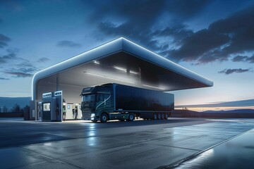 As darkness envelops the station, a trucks hydrogen fuel tank is filled, marking a new era in transport - obrazy, fototapety, plakaty