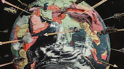 A globe with multiple wars depicted on it - obrazy, fototapety, plakaty