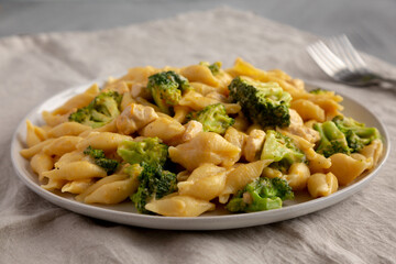 Homemade Cheesy Chicken And Broccoli Pasta on a Plate, side view.