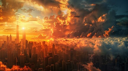 Clouds evaporate, the sun reigns supreme, heat waves envelop cities, natures balance upset - obrazy, fototapety, plakaty