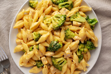 Homemade Cheesy Chicken And Broccoli Pasta on a Plate, top view.