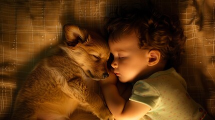 In the glow of a night light, a baby and a puppy sleep side by side, best friends from the start - obrazy, fototapety, plakaty