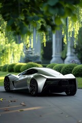 In the park, an EV supercar is displayed, its design and development highlighting the future of...