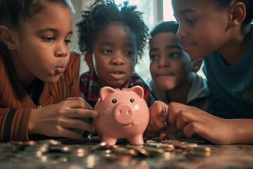 Kids and parents huddle around, each taking turns dropping coins into a piggy bank, unity in savings , stock photographic style - obrazy, fototapety, plakaty