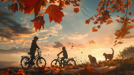 Kids, a cat, and bicycles under the autumn sky, a picture of carefree days and unbreakable bonds - obrazy, fototapety, plakaty