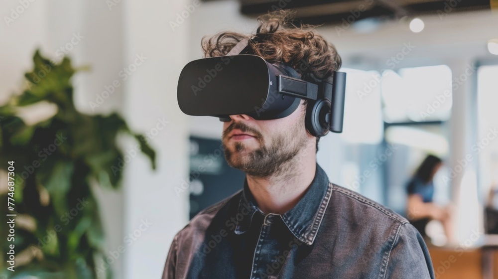 Aufkleber man experiencing virtual reality in goggles