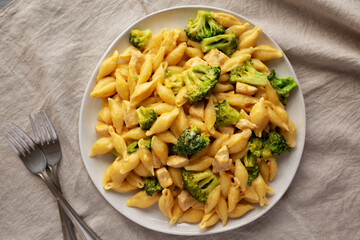 Homemade Cheesy Chicken And Broccoli Pasta on a Plate, top view.