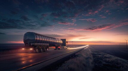 Through the night, a truck and its hydrogen fuel tank drive towards dawn, embodying the future of freight - obrazy, fototapety, plakaty