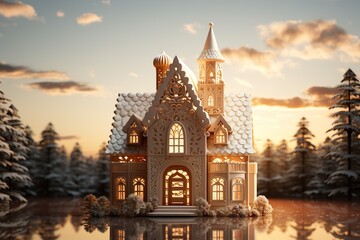 minimalistic design Gingerbread house with light through the windows, 3D render,