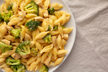 Homemade Cheesy Chicken And Broccoli Pasta on a Plate, top view. Copy space.