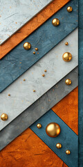 A wall with a blue stripe and an orange stripe. The wall is covered in gold and silver balls, creating a visually striking and unique design. The combination of colors