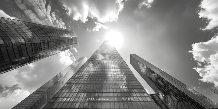 A black and white photo of three tall buildings with a clear blue sky in the background