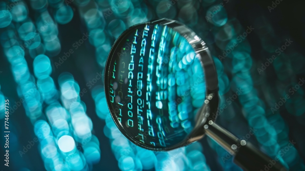 Poster Close-Up of Magnifying Glass Inspecting Binary Code for AI Innovations