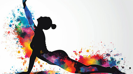A woman is doing a yoga pose in a colorful background. a mix of different colors, creating a energetic atmosphere. The woman's pose is dynamic and full of energy. artistic splash of colors