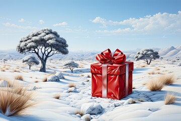 minimalistic design Painting of a Christmas a present with a red ribbon in the snow