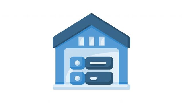 Animated on premise with illustration of a server connected and warehouse. Isolated useful for computer, network, technology, internet, server, database, connection and cloud computing design element