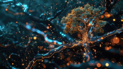Futuristic visualization of a tree branching from a CPU, an allegory for tech and nature synergy