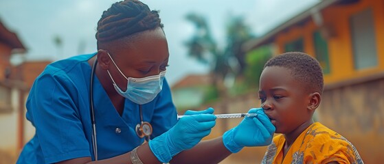 A young child being injected outside by a black nurse wearing a facemask as an African man gets medical care at home - obrazy, fototapety, plakaty