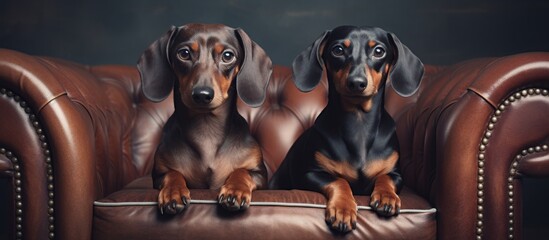 Two adorable dogs are seated comfortably on a luxurious brown leather couch, both resting their...