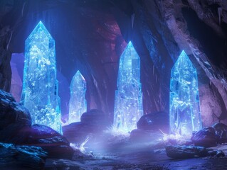 Radiant Rune artifacts shimmer in the depths of Quantum Quartz caverns - obrazy, fototapety, plakaty