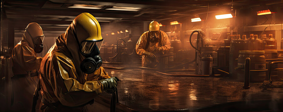 Workers in protective suits in radiation location