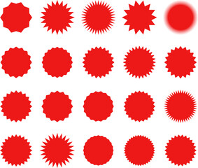 Starburst red sticker set - collection of special offer sale oval and round shaped sunburst labels and badges. Promo stickers with star edges. Vector.