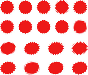 Starburst red sticker set - collection of special offer sale oval and round shaped sunburst labels and badges. Promo stickers with star edges. Vector.